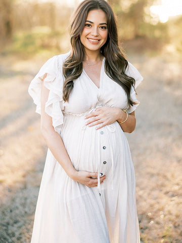 White Deep V Neck Button Down Boho Beach Bikini Cover Up Dress Party Photoshoot Maternity Dress Maternity